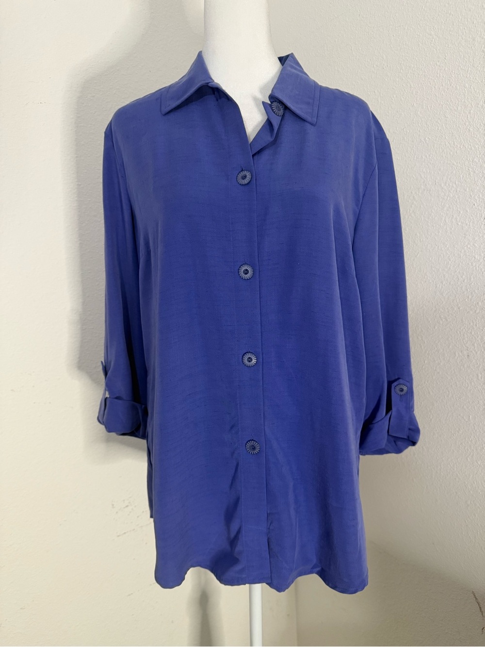 Vintage 90s Requirements Cobalt Blue Rayon Silk Feel Blouse Roll Tab Sleeve 8